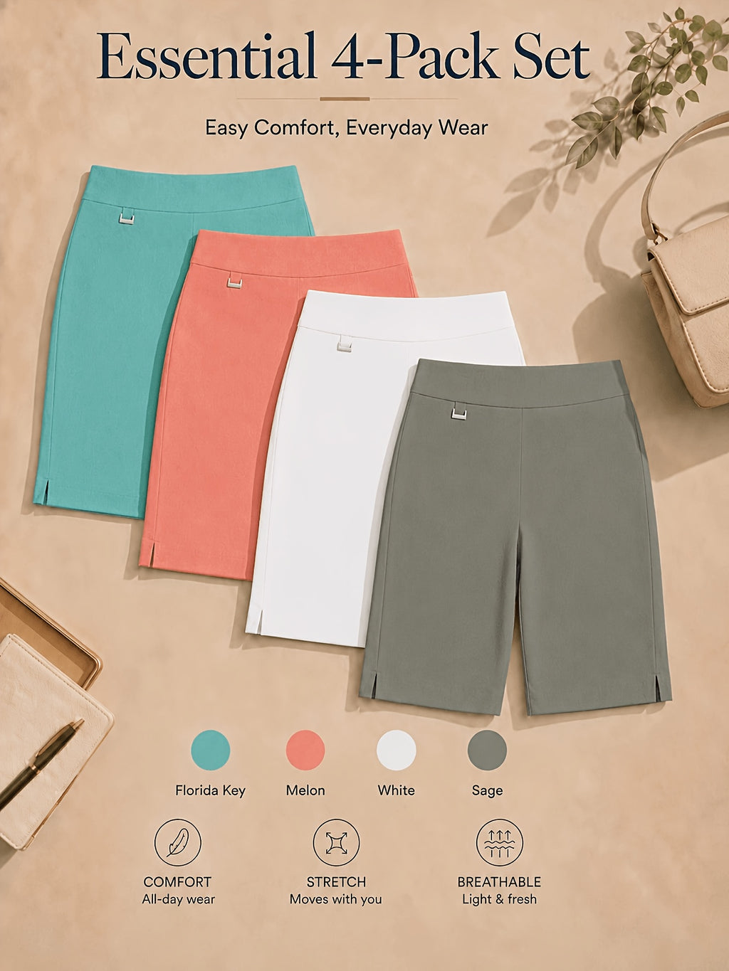 Women's Bermuda Shorts 4-Pack Pull-On Stretchy Breathable Knee Length Work Shorts with Side Slit Hem Skin-Friendly Multi-Color Set