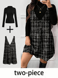 Women's 2-Piece Leopard Print Cami Dress & Turtleneck Top Set Fleece Lined Fall Winter Party Retro