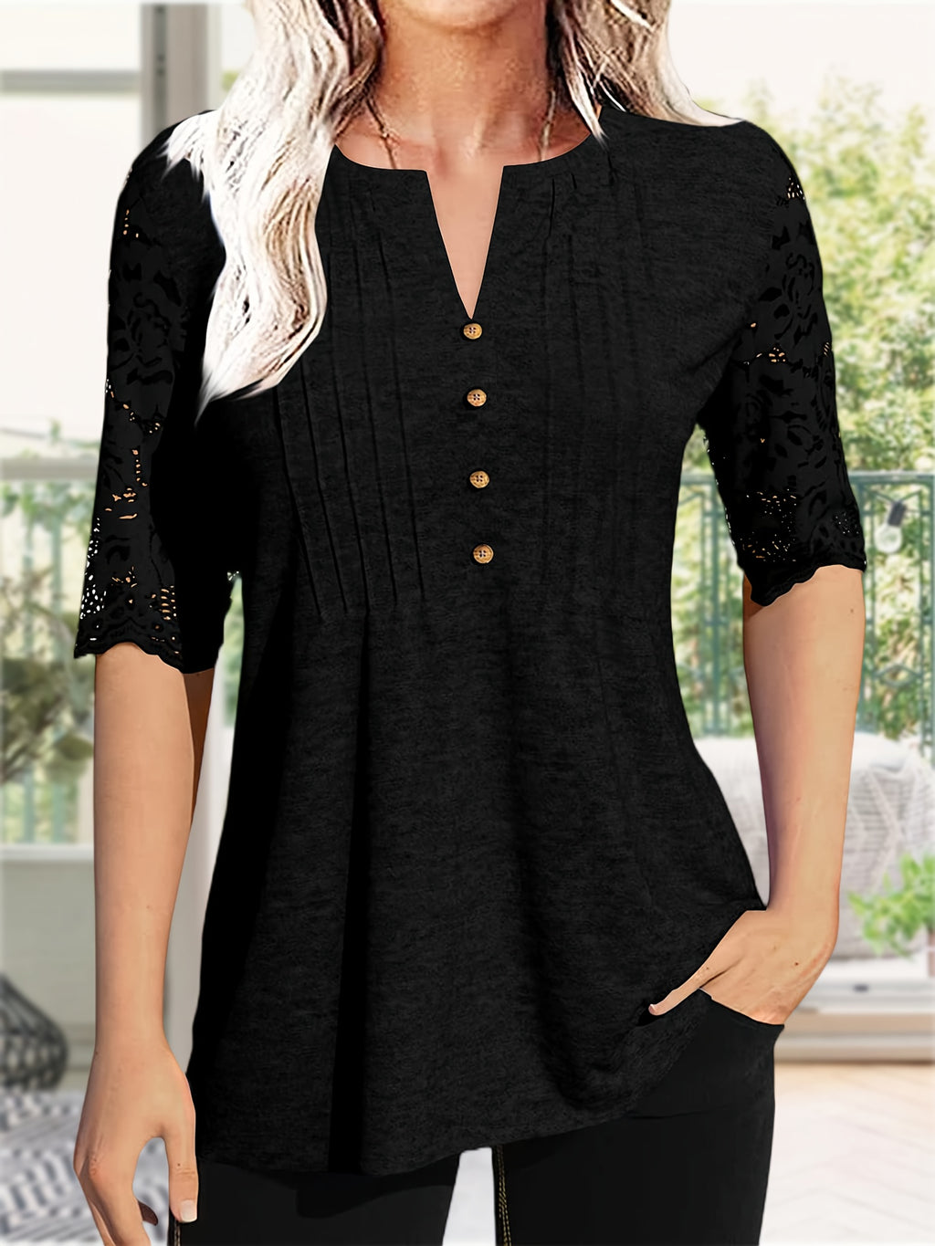 Button Front V-Neck Top Women Pleated Detail Short Sleeve Solid Color Casual Summer Blouse Lightweight Breathable Machine Washable