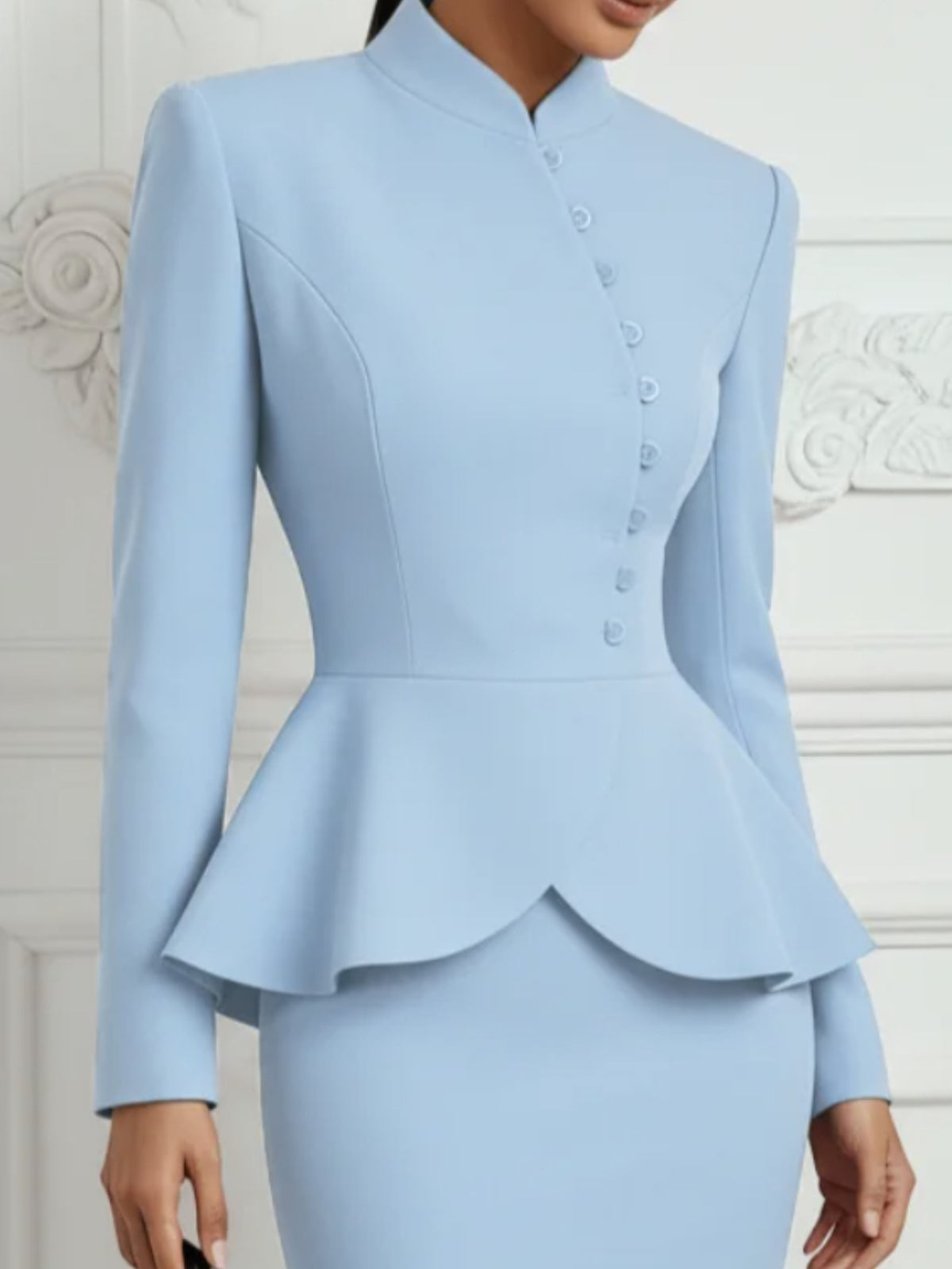 Stand Collar Ruffled Blazer and Midi Skirt Two-Piece Set Women Waist-Fitted Slim Elegant Office Formal Outfit Light Blue M-XL