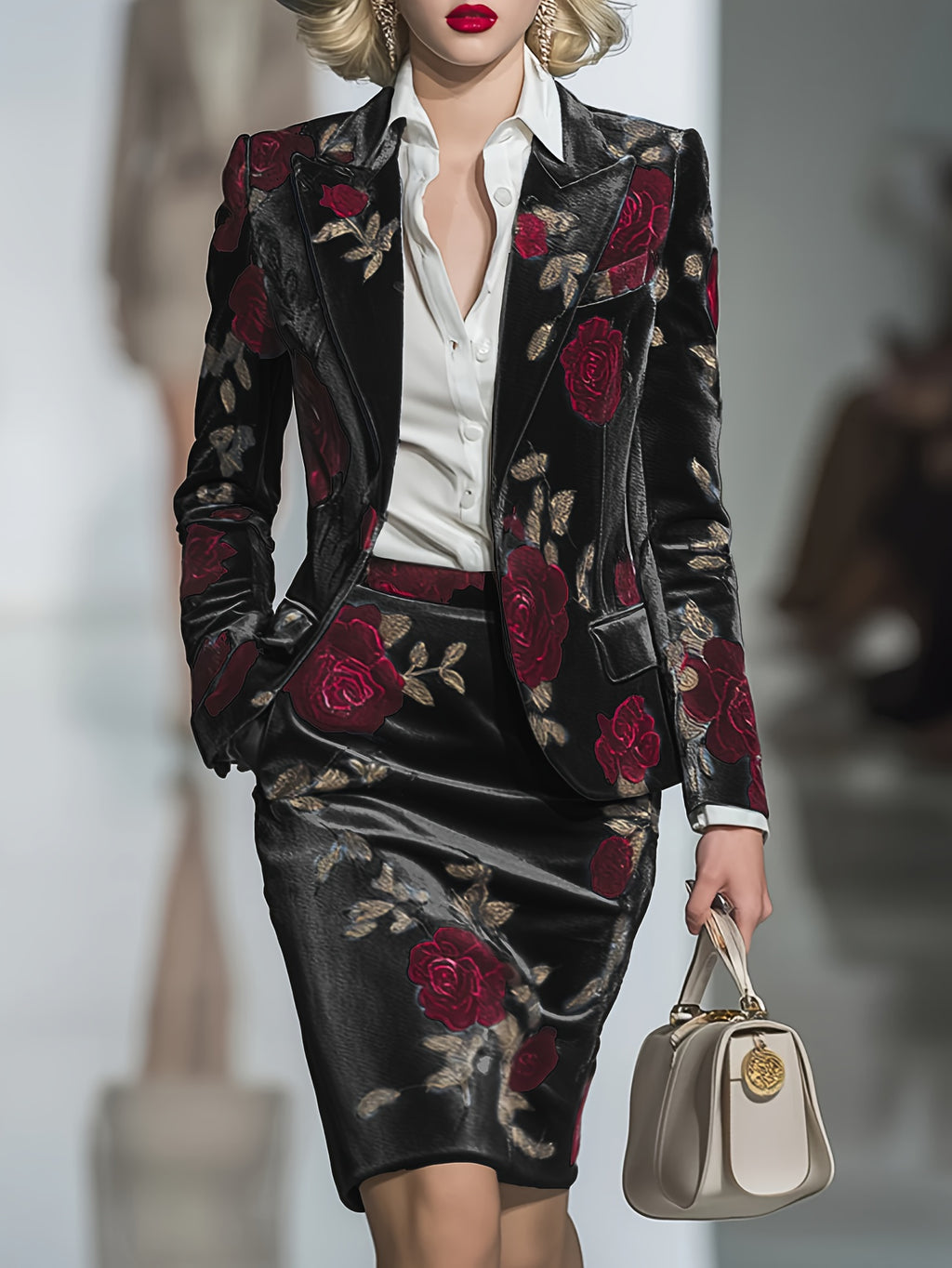 Women's Rose Flower Print 2-Piece Suit Blazer and Hip-Wrapped Skirt Set Vintage Elegant Evening Party Formal Occasion Outfit