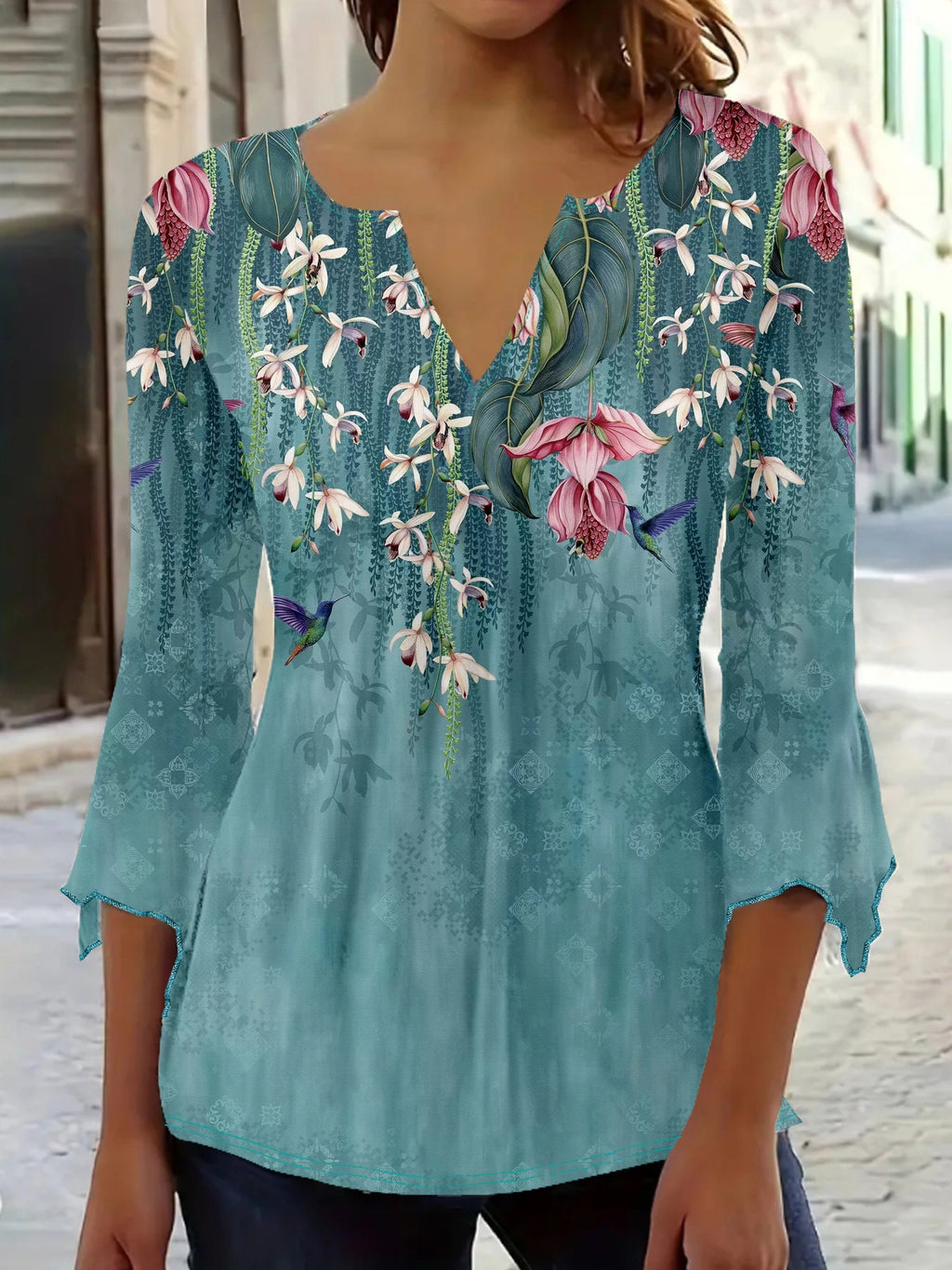 Floral Bird Print Blouse Women V-Neck Long Sleeve Light Blue Casual Top Soft Polyester Spring Summer Fall Vibrant Flower Pattern Shirt S-XXL