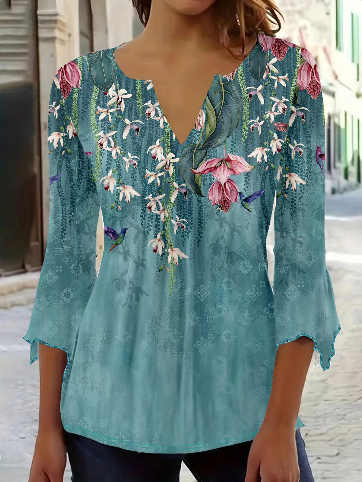 Floral Bird Print Blouse Women V-Neck Long Sleeve Light Blue Casual Top Soft Polyester Spring Summer Fall Vibrant Flower Pattern Shirt S-XXL