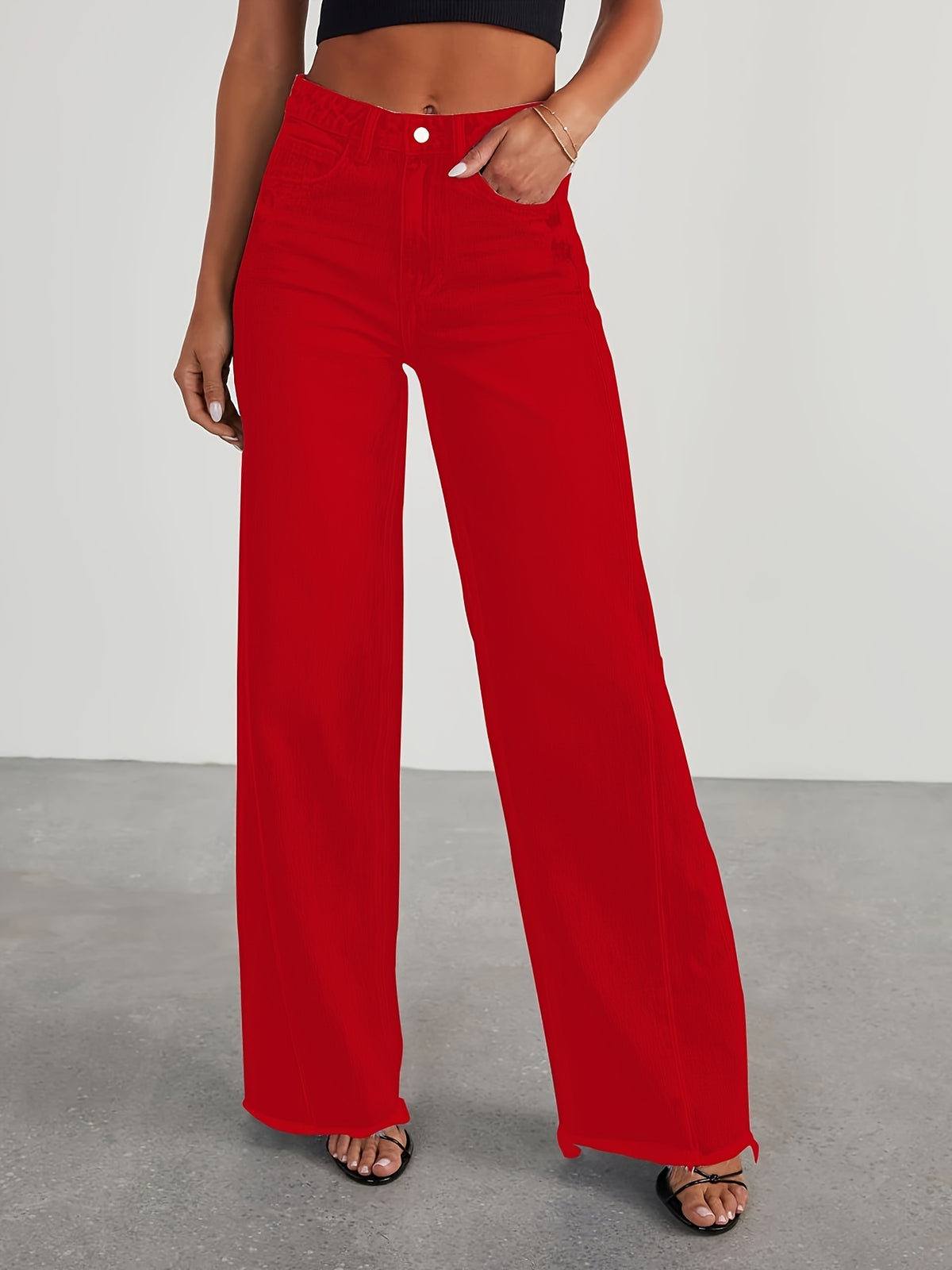 High-Waisted Wide Leg Jeans for Women - Casual Baggy Stretch Denim Pants with Pockets, Relaxed Fit Solid Color Trousers for Everyday & Weekend Wear