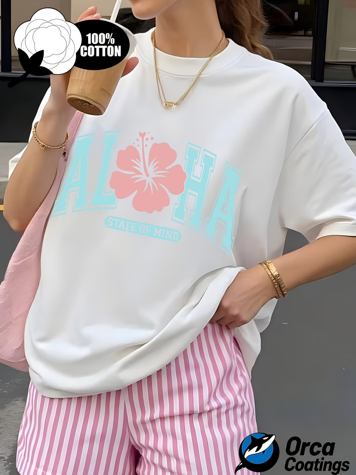 Women's Aloha Hibiscus Graphic Print T-Shirt 100% Cotton Crew Neck Short Sleeve Summer Beach Casual Tee