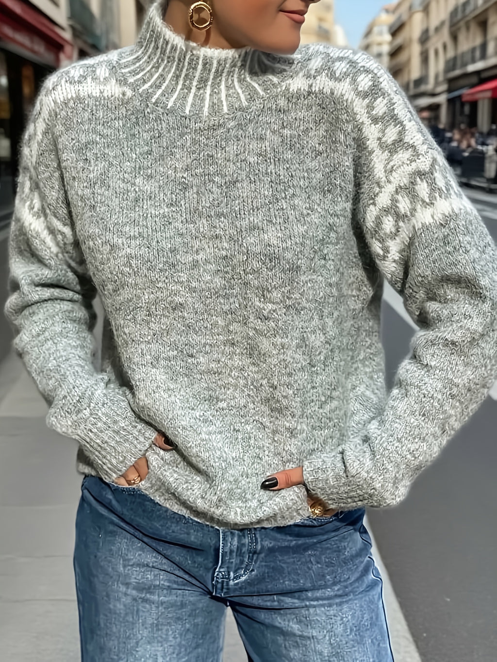 Women's Nordic Snowflake High Neck Sweater Loose Fit Gray Embossed Knit Turtleneck Pullover Warm Cozy Winter Layering Top Soft Casual