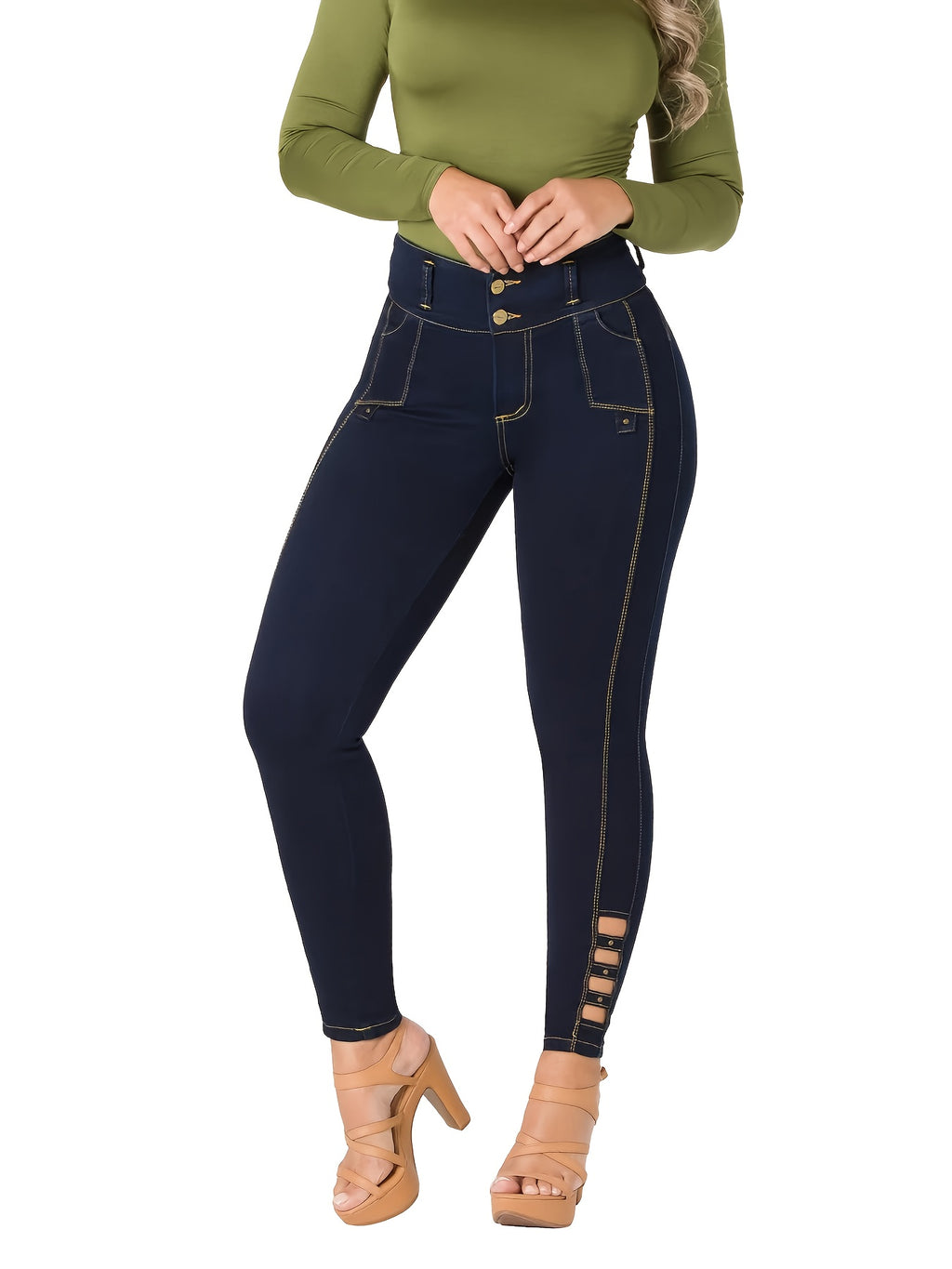 Women's Dark Blue High Waist Stretch Slim Fit Cropped Jeans Bead Embellished Front Button Butt Lifting Casual Ankle Denim