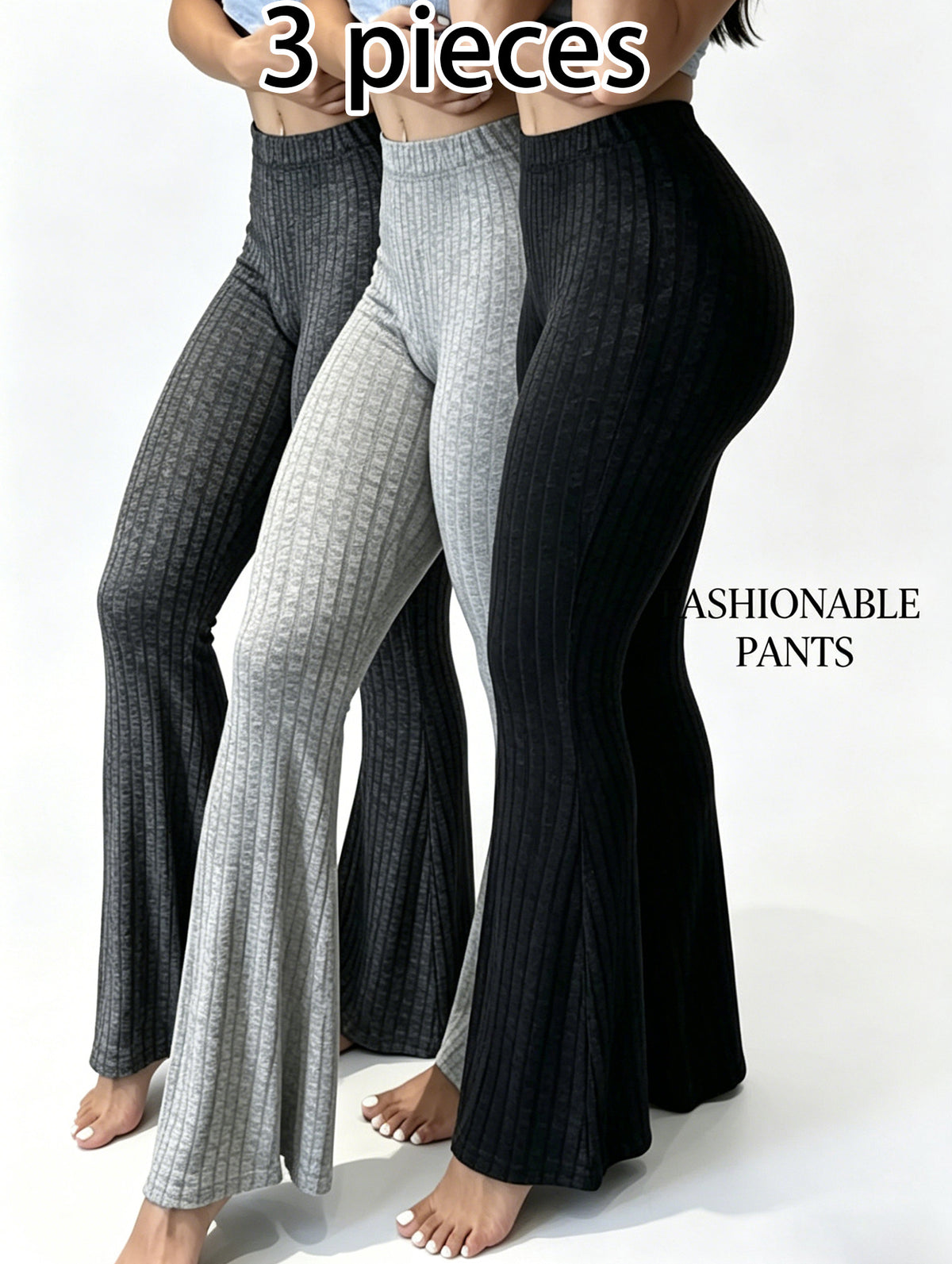 High Waist Flare Leg Pants Women 3-Pack Ribbed Stretchy Bootcut Curvy Black Gray S-XXL