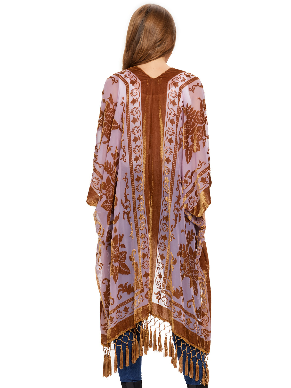 Boho Burnout Velvet Kimono Women Long Cardigan Cover Up Tassel Floral Embroidered One Size