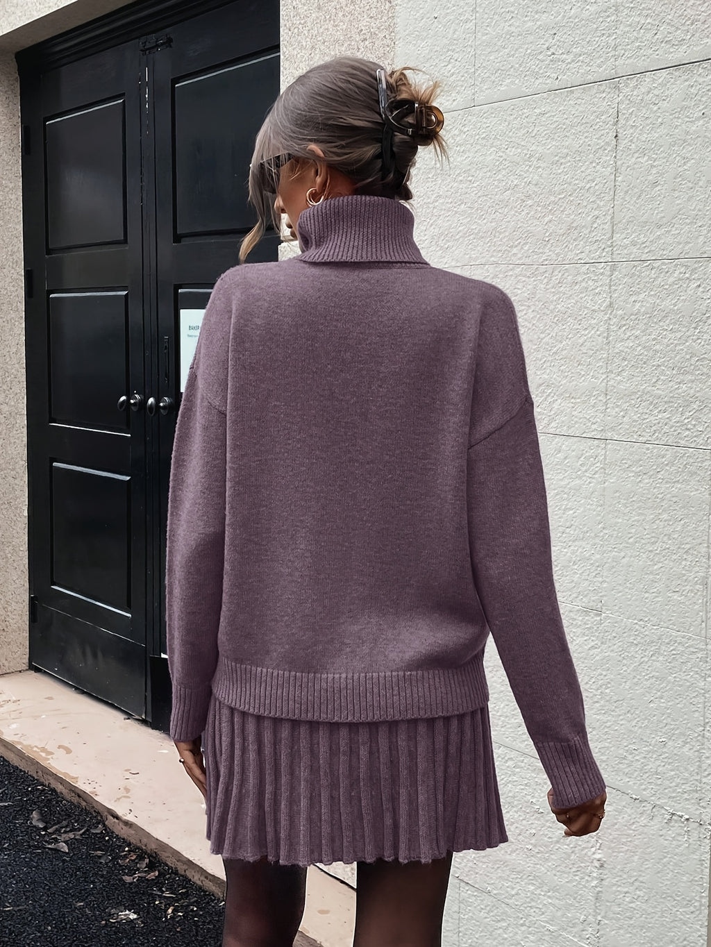 High-Neck Sweater Pleated Skirt Two-Piece Set Women Elegant Drop Shoulder Long Sleeve | Chic Knit Top + Pleated Skirt Co-Ord for Fall Winter Office & Daily Wear