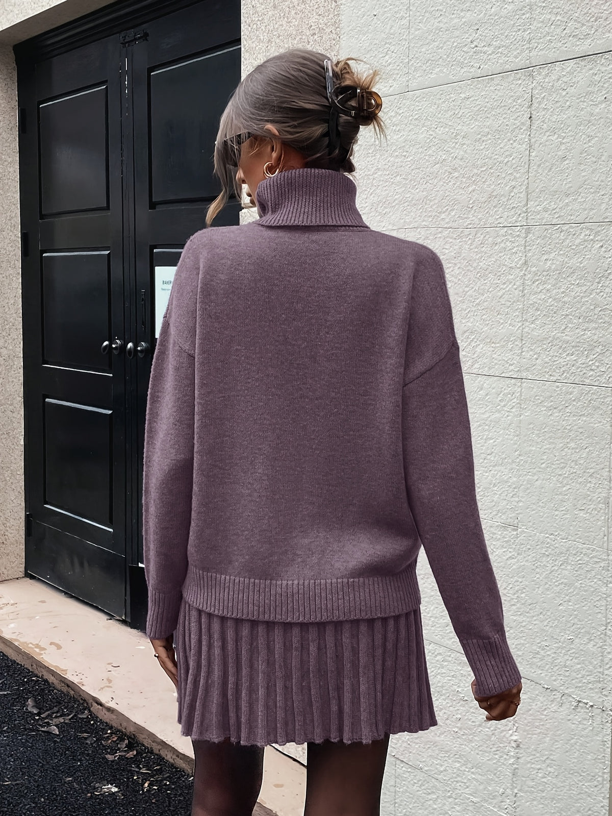 High-Neck Sweater Pleated Skirt Two-Piece Set Women Elegant Drop Shoulder Long Sleeve | Chic Knit Top + Pleated Skirt Co-Ord for Fall Winter Office & Daily Wear