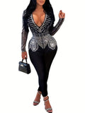 Argyle Rhinestone Long Sleeve Jumpsuit Women Y2K Deep V Neck Long Length Stretchy Spring Fall Party