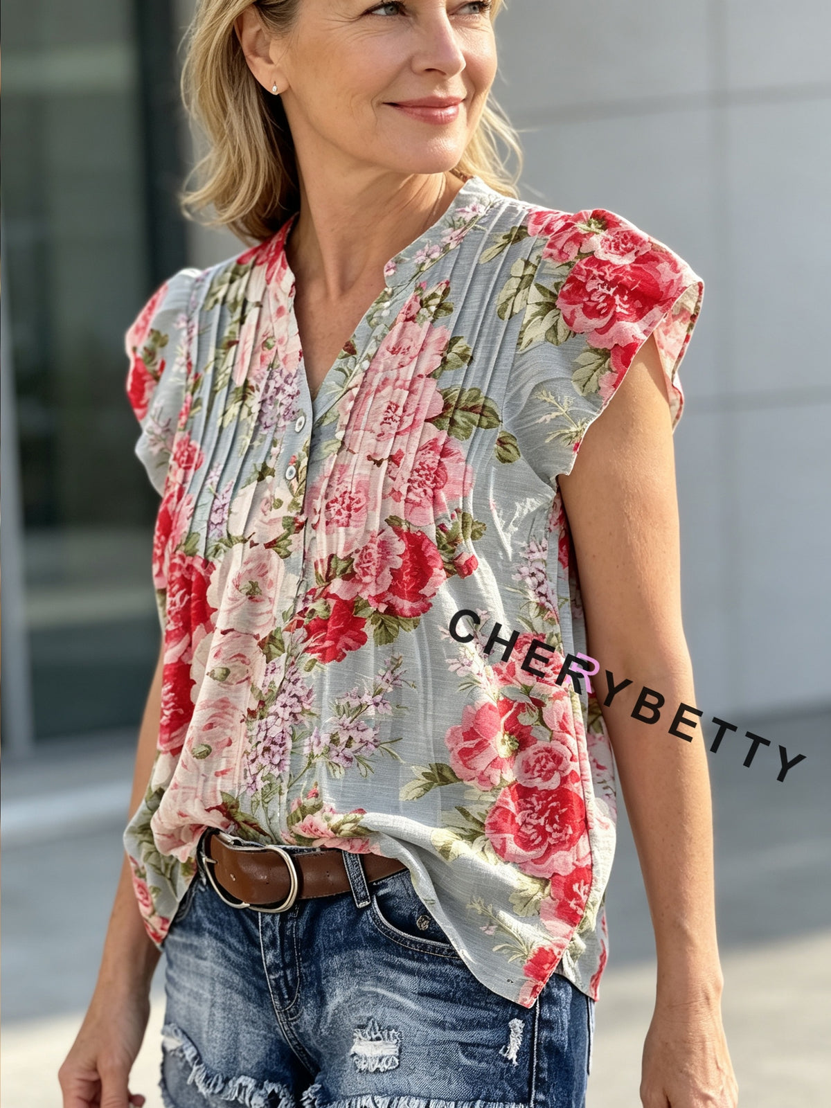 Flutter Sleeve Floral Blouse Women Elegant Chic Casual Summer Top Pink Gray Red Print Lightweight Spring S-XXL