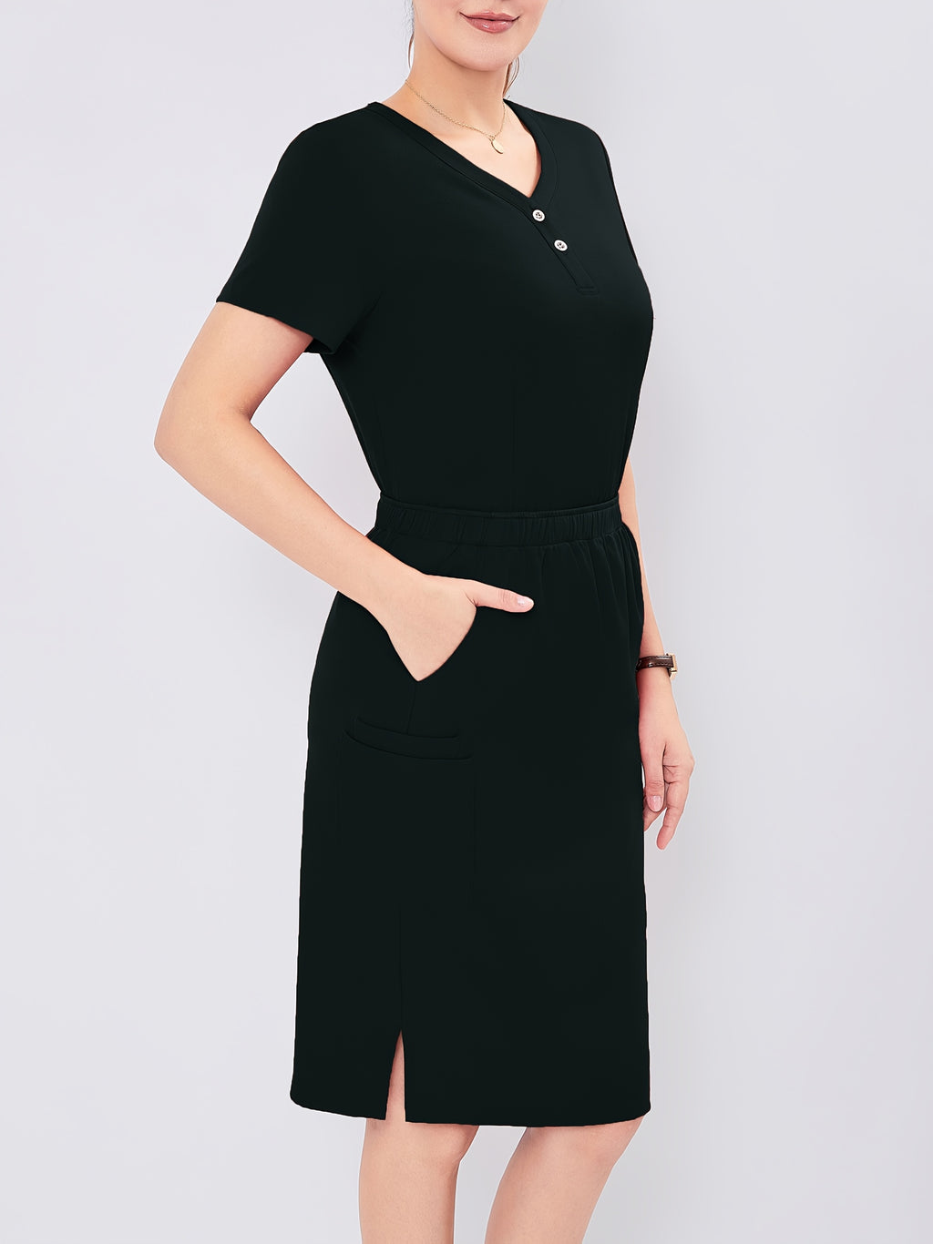 Women's V-Neck Scrub Set Short Sleeve Medical Uniform Beauty Salon Polyester Solid Color Top & Skirt with Pockets