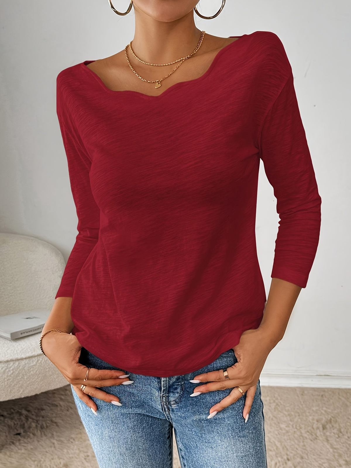 3-Pack White Long Sleeve Shoulderless Tops Women Curved Wavy Neckline Loose Casual Fit | Spring Summer Fall