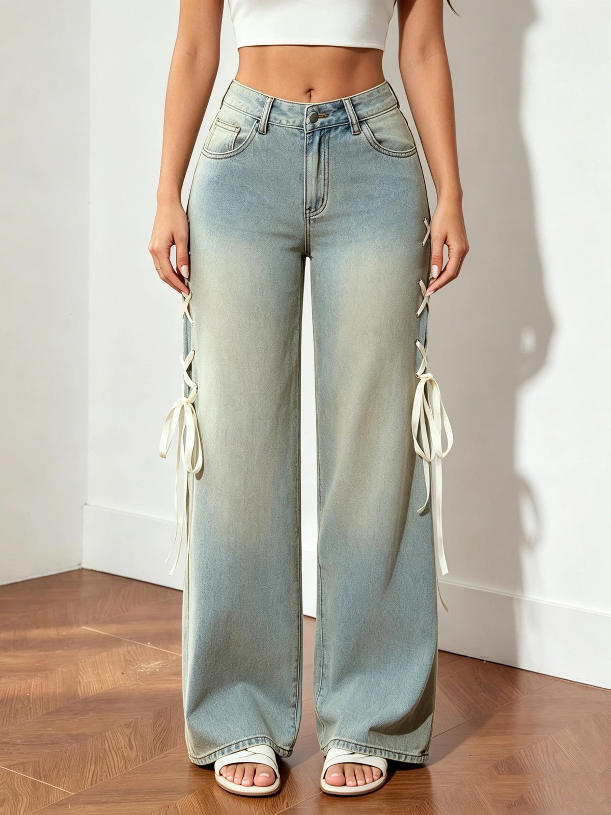 Bow-Tie High Waist Wide Leg Jeans Women Y2K Streetwear Relaxed Fit Washed Stretch Denim Pants Light Blue S-XXL