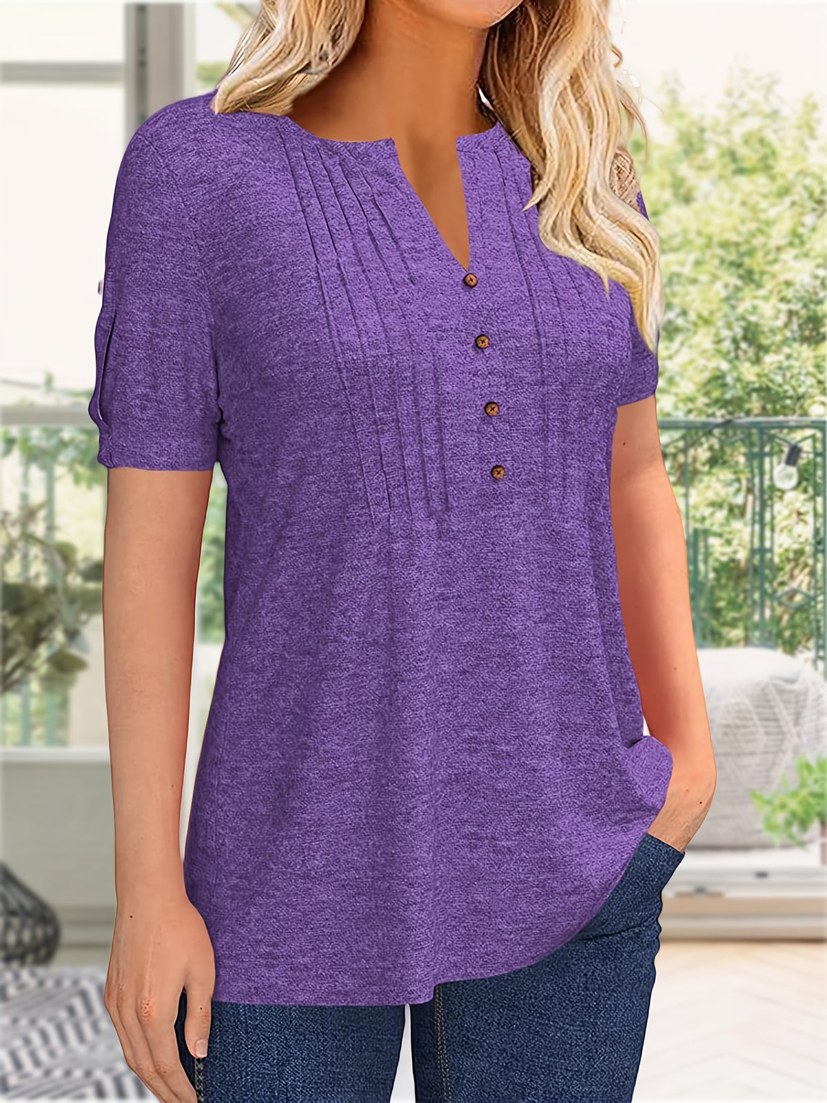 Button Front V-Neck Top Women Pleated Detail Short Sleeve Solid Color Casual Summer Blouse Lightweight Breathable Machine Washable