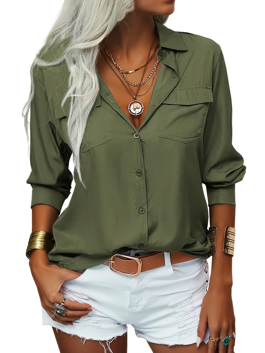 Women's V-Neck Button Down Blouse Slim Fit Lapel Collar Long Sleeve Work Shirt with Chest Pocket Roll-Up Cuffs