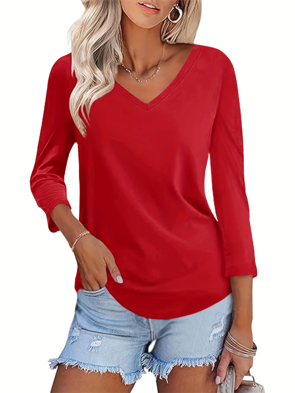 Solid Color V-Neck Top Women 3/4 Sleeve Casual Knit Blouse Elegant Basic Stretch Shirt Spring Summer Fall S-XXL