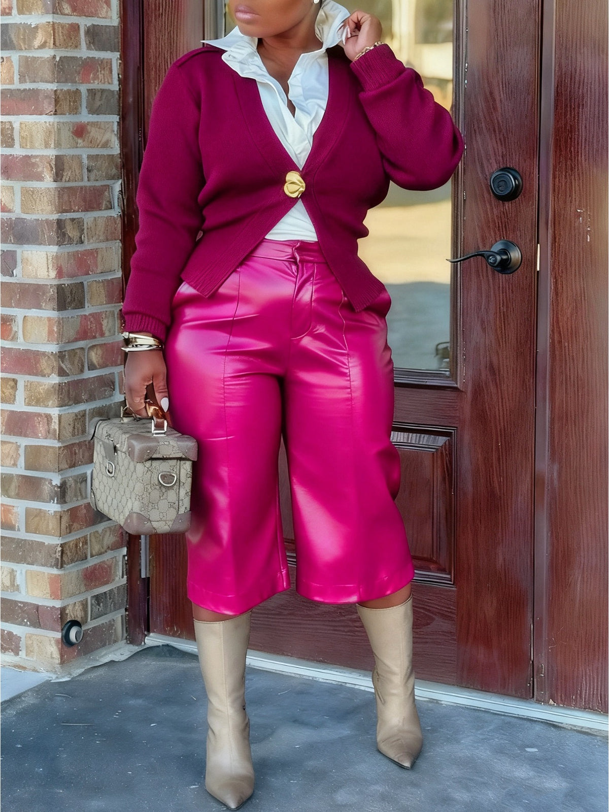Vegan Leather Wide Leg Pants Women High Waist Cropped Flare Pants Retro Chic Commute Style Sleek Texture Relaxed Fit Rose Red