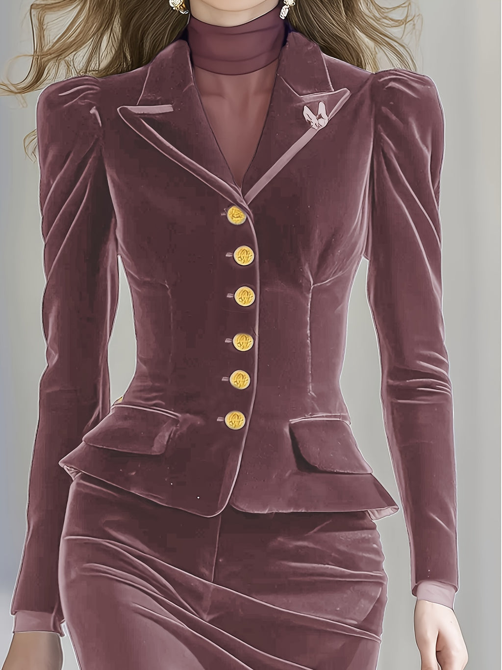 Women's Purple Velvet 2-Piece Suit Set Puff Sleeve Blazer and Maxi Skirt Elegant Autumn Winter Gala Dinner Evening Formal Outfit