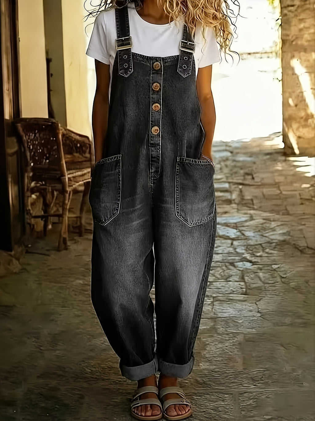 Washed Denim Jumpsuit Women Wide Leg Loose Retro Workwear Sleeveless Single Breasted Pocket Plus Size Solid Color Spring Summer Fall Street Style