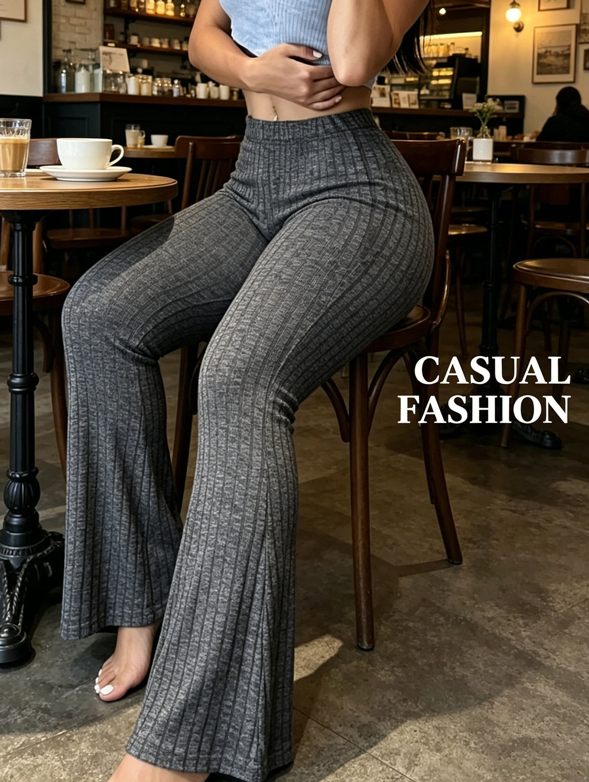 High Waist Flare Leg Pants Women 3-Pack Ribbed Stretchy Bootcut Curvy Black Gray S-XXL