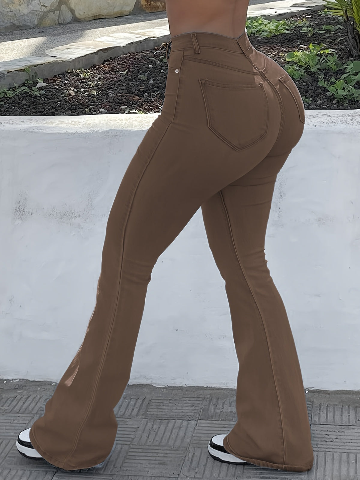 High Waist Stretch Flare Jeans Women Wide Leg Pants with Pockets – Solid Color Street Style, All-Season Comfortable Denim, Machine Washable