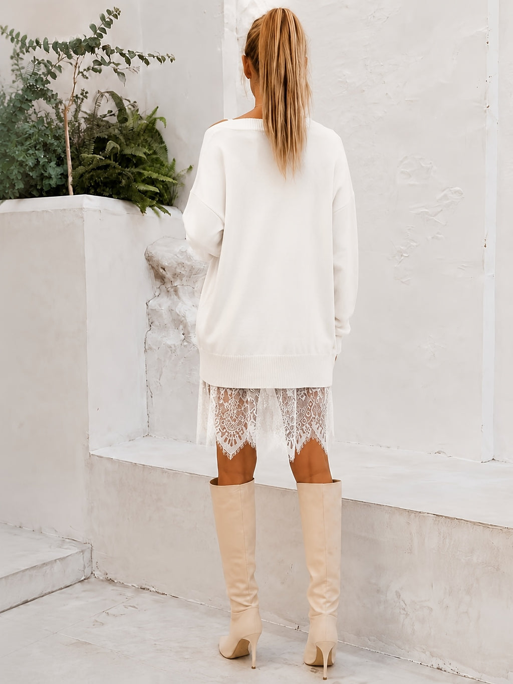 Off Shoulder Sweater Dress Women Lace Hem Long Sleeve Knit All Season Casual Elegant Daily Brunch Vacation Office Party Smooth Knit 180g