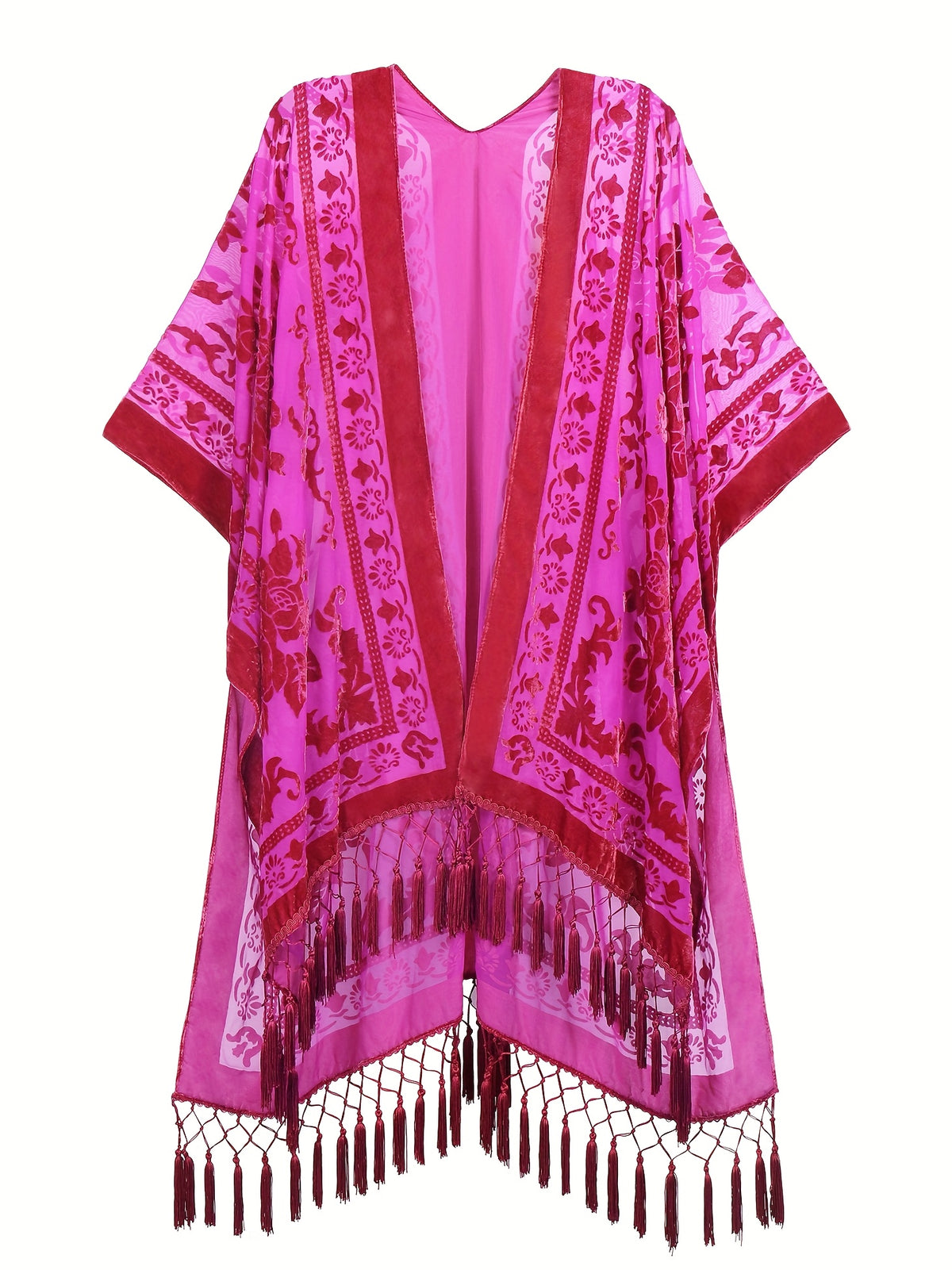 Boho Burnout Velvet Kimono Women Long Cardigan Cover Up Tassel Floral Embroidered One Size