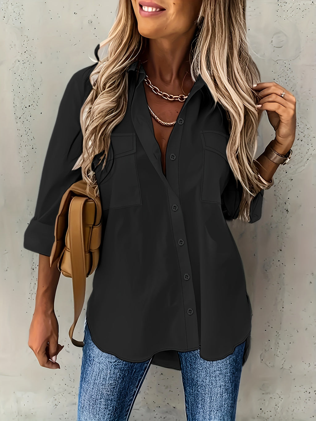 Long Sleeve Button-Up Shirt Women Chest Pocket Foldover Collar Solid Color Relaxed Fit Non-Stretch All Season Casual Blouse
