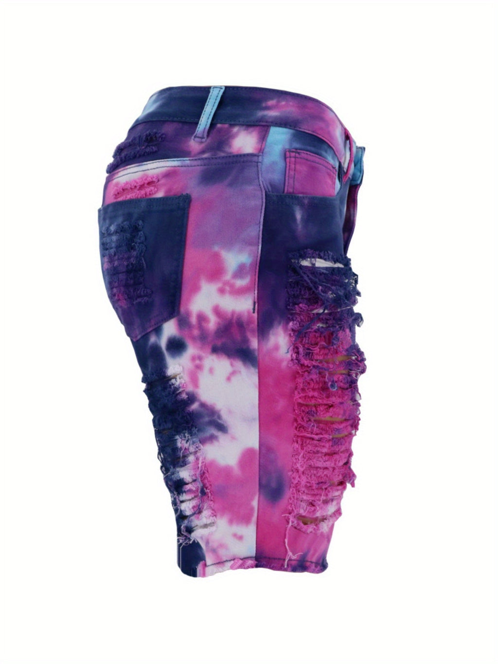 Ripped Denim Shorts Women Tie-Dye Distressed High Waist Mid Length Summer Edgy Trendy Jean Shorts Blue Pink Casual Streetwear Going Out