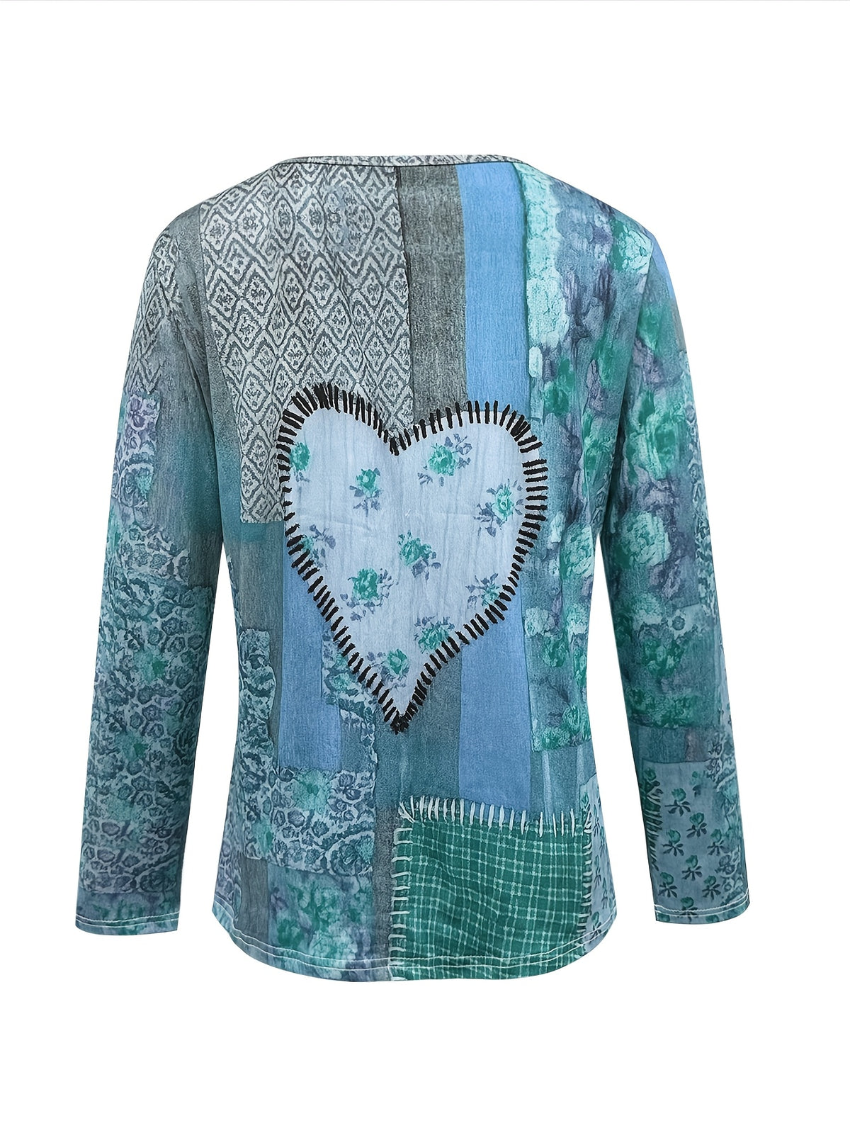 Heart Floral Patchwork Long Sleeve T-Shirt Women Vintage Retro V-Neck Loose Fit Casual Outdoor Fall Winter Top Soft Stretch Red S-XXL