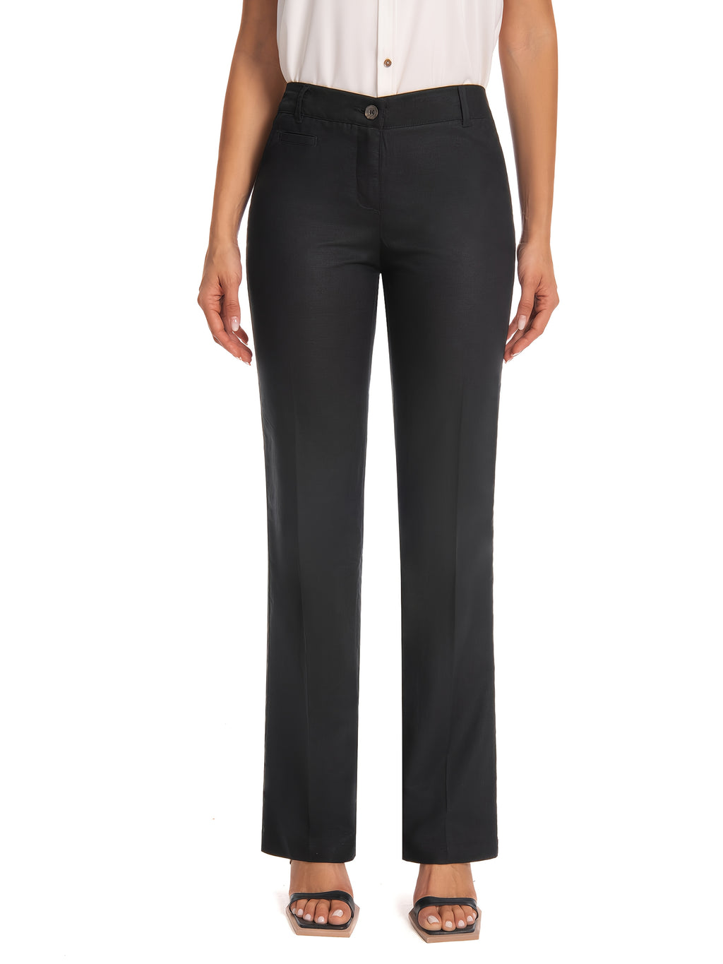 Black High Waist Straight Leg Pants for Women – Stretch Work Trousers with Pockets, Zipper Fly, Cropped Office Casual Travel Daily Wear, Polished Slim Silhouette All Season