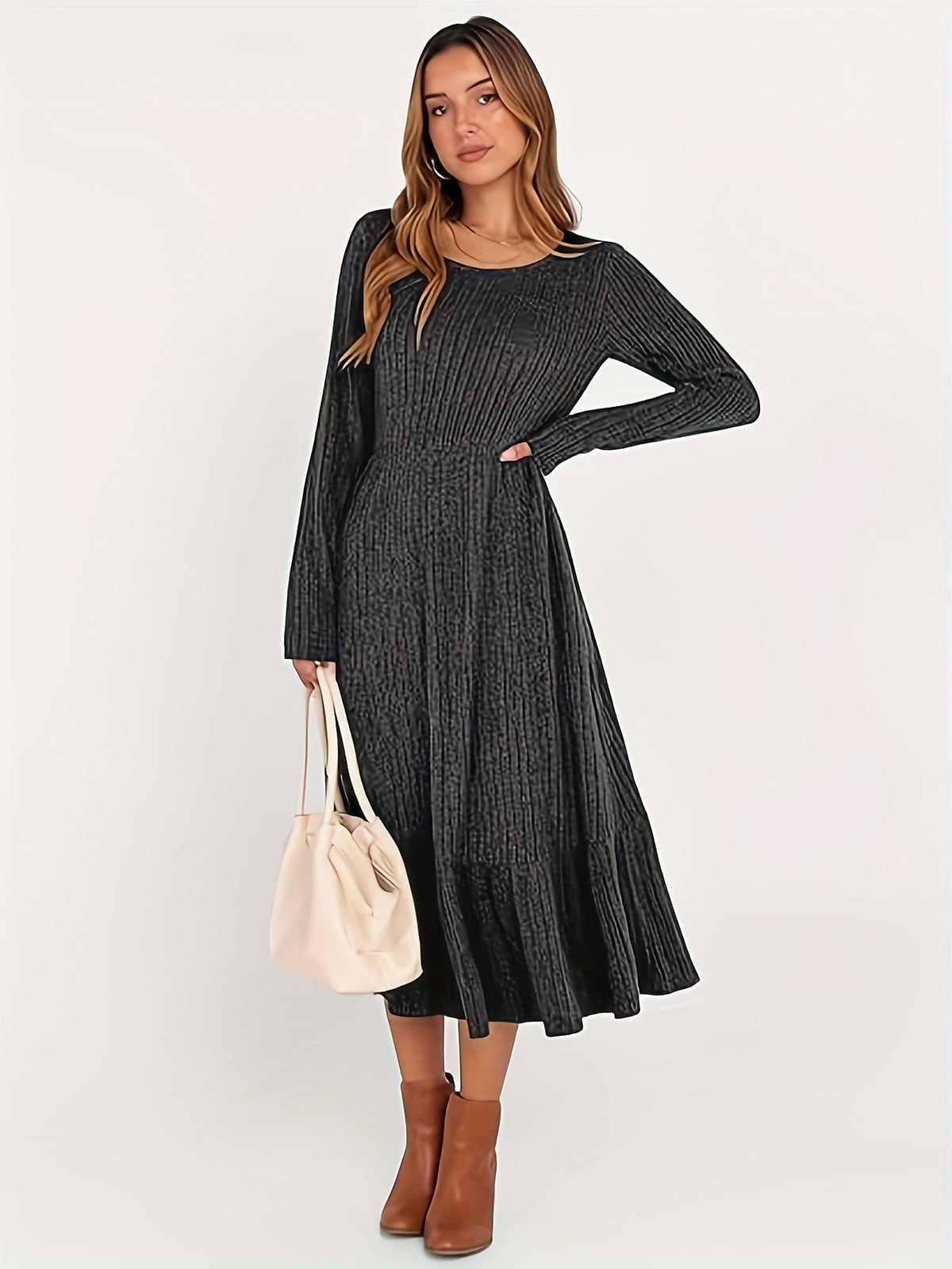 Ribbed Knit Maxi Dress Women Crew Neck Waist Cinched Pocket Warm Flattering Fall Winter Casual Office Daily Solid Color 100% Polyester