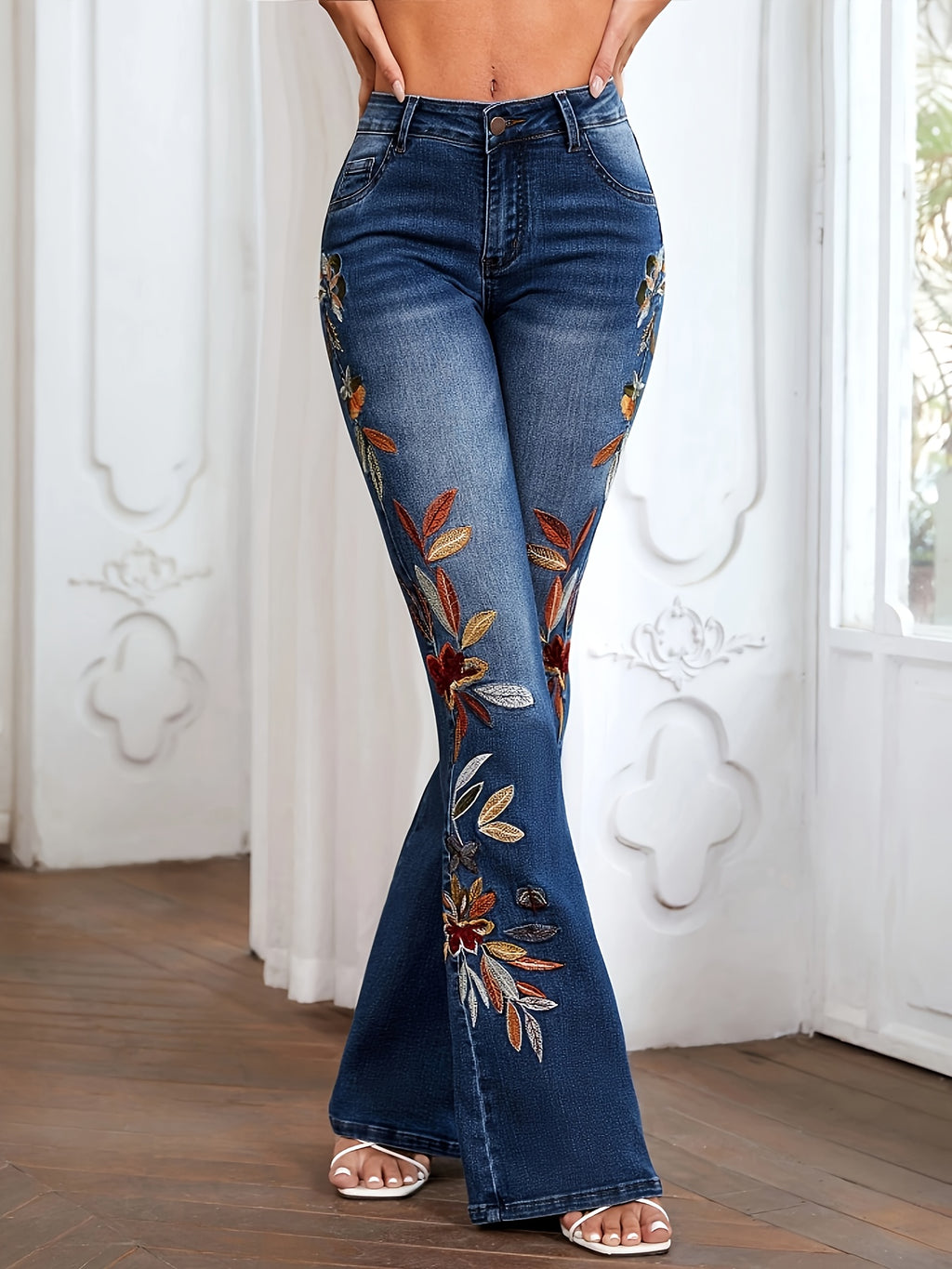 Women's Flared Denim Jeans Flower Embroidery Elastic Waist Washed Bootcut Casual All Season S-XXL