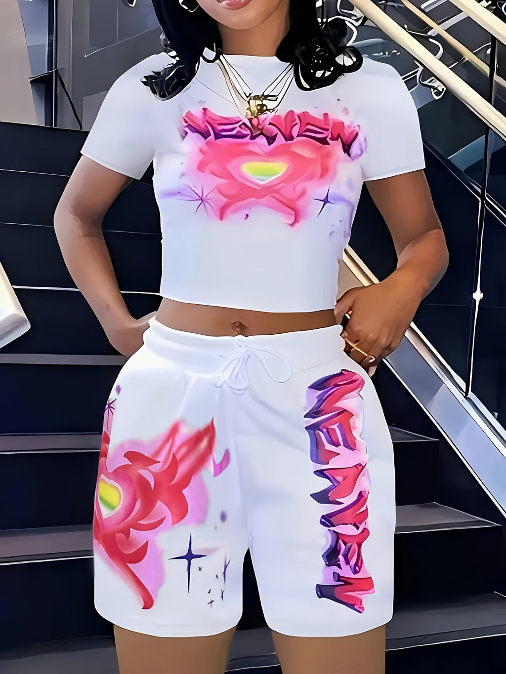 Heart Letter Print 2 Piece Set Women Short Sleeve Top High Waist Shorts Cute Casual Matching Outfit Summer S-XXL