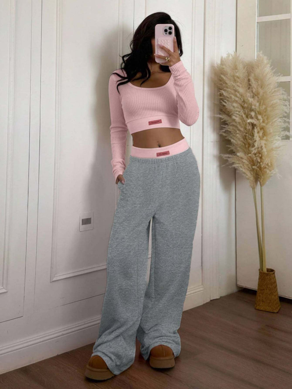 Cropped Long Sleeve Top and Wide Leg Pants 2 Piece Set for Women – White and Gray Casual Lounge Outfit, Fall Winter, Sizes S-XXL