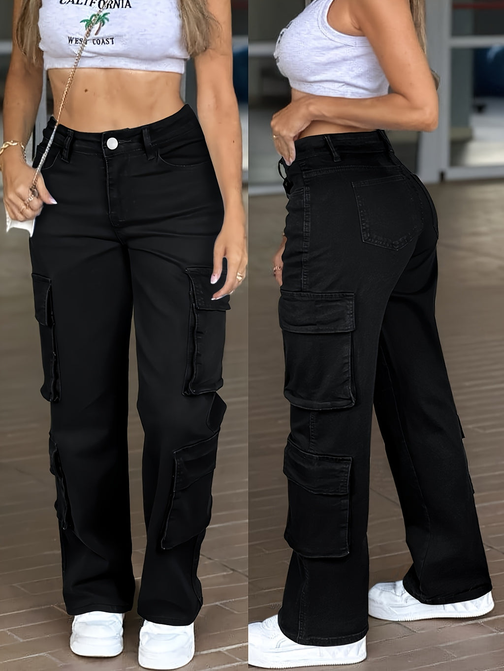 Multi Pocket High Waist Straight Leg Jeans Women Stretch Work Casual Heavy Wash Denim Pants XS-XL