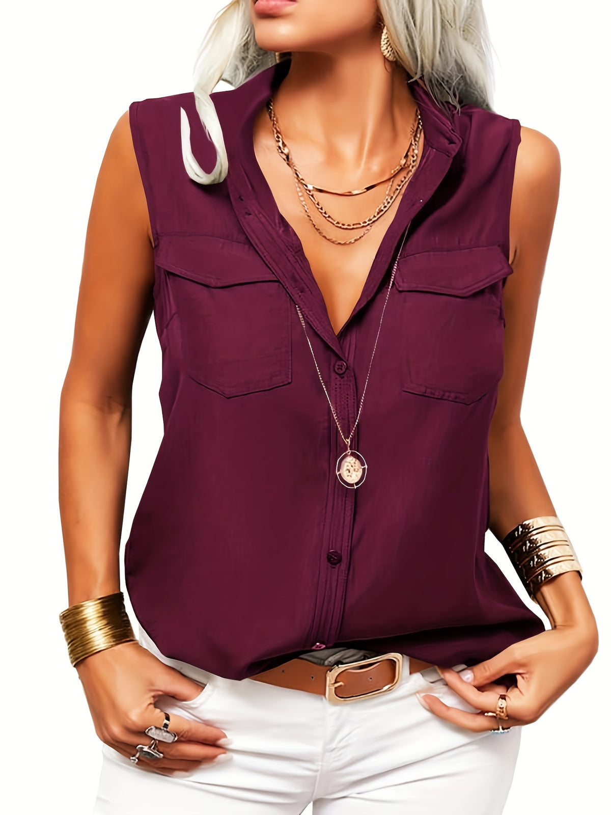 Women's V-Neck Button Down Blouse Slim Fit Lapel Collar Long Sleeve Work Shirt with Chest Pocket Roll-Up Cuffs