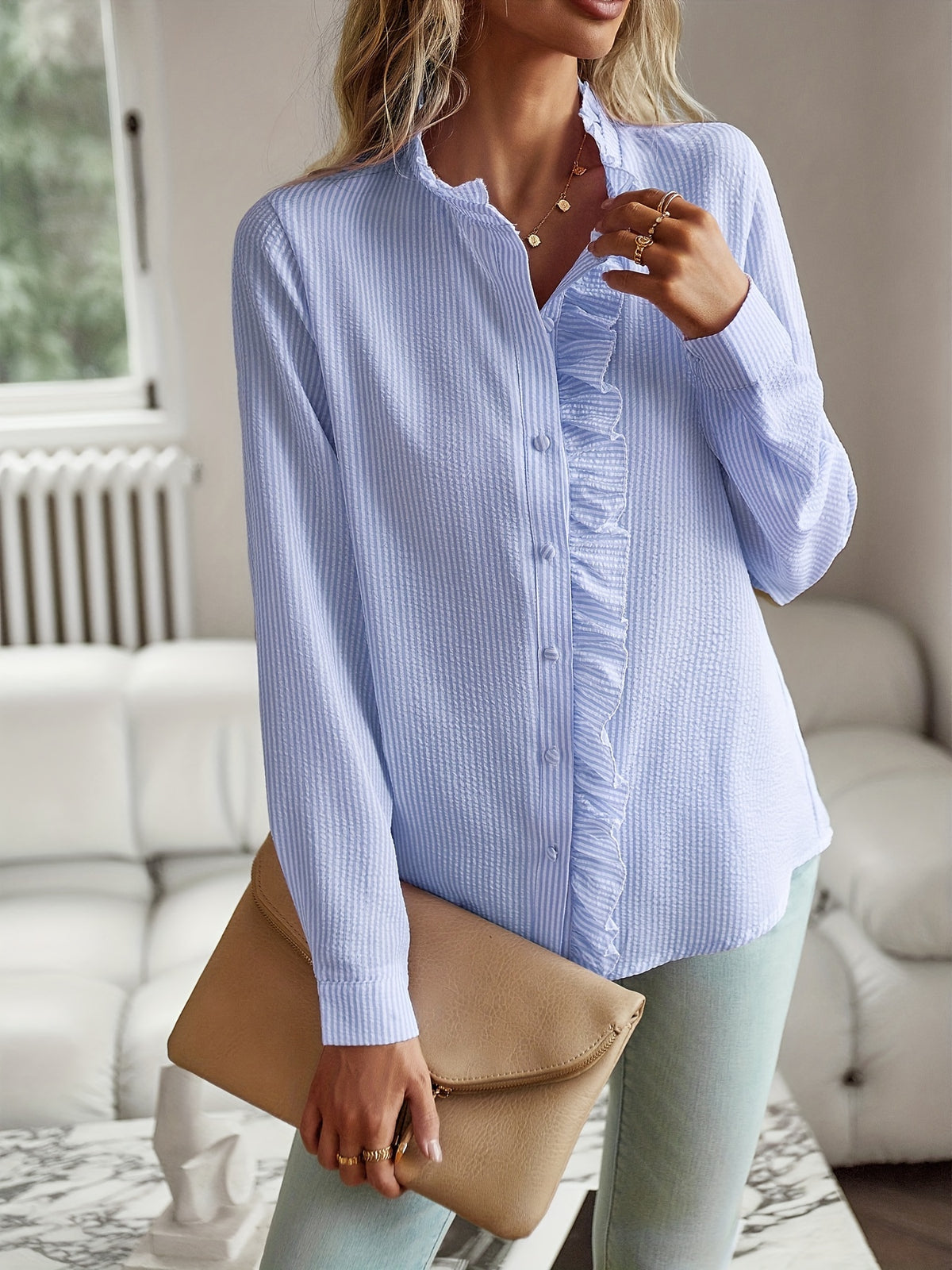Women's Ruffle Button Lace Long Sleeve Blouse Shirt Collar Solid Color Machine Washable All Season Casual Formal Top