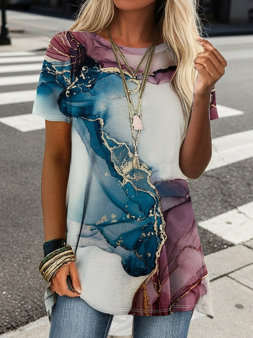 Artistic Print Women T-Shirt Spring Summer Versatile Graphic Tee Short Sleeve Casual Lightweight Breathable Top