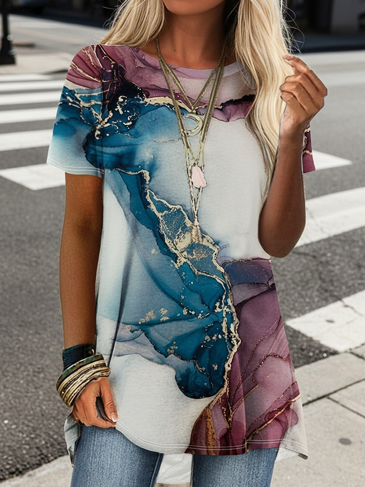 Artistic Print Women T-Shirt Spring Summer Versatile Graphic Tee Short Sleeve Casual Lightweight Breathable Top