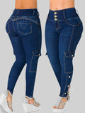 Slim Fit Jeans Women Deep Blue Mid Waist Stretch - Three Button Waistband Tapered Leg Denim Pants, All-Season Casual Streetwear, Machine Washable Solid Color