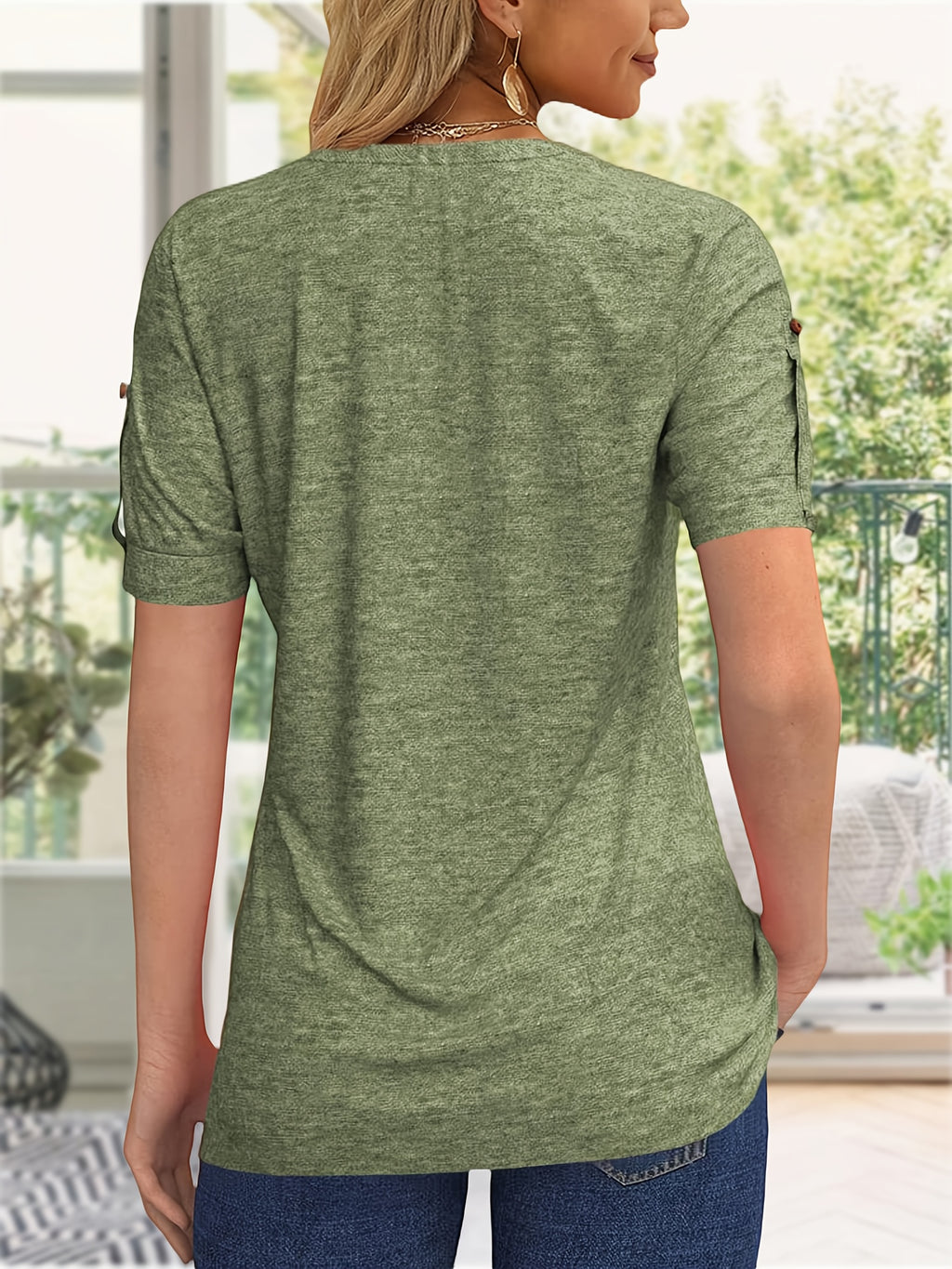 Button Front V-Neck Top Women Pleated Detail Short Sleeve Solid Color Casual Summer Blouse Lightweight Breathable Machine Washable