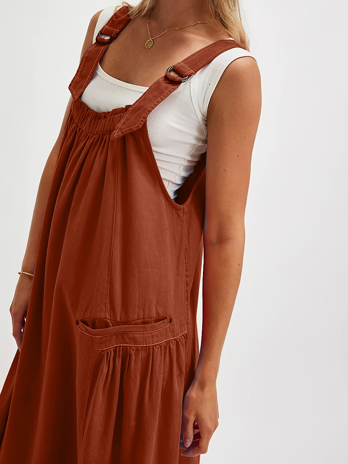 Overall Dress Women Loose Adjustable Strap Midi Length Big Pockets Workwear Casual Bib Jumper Dress Spring Summer S M L XL XXL