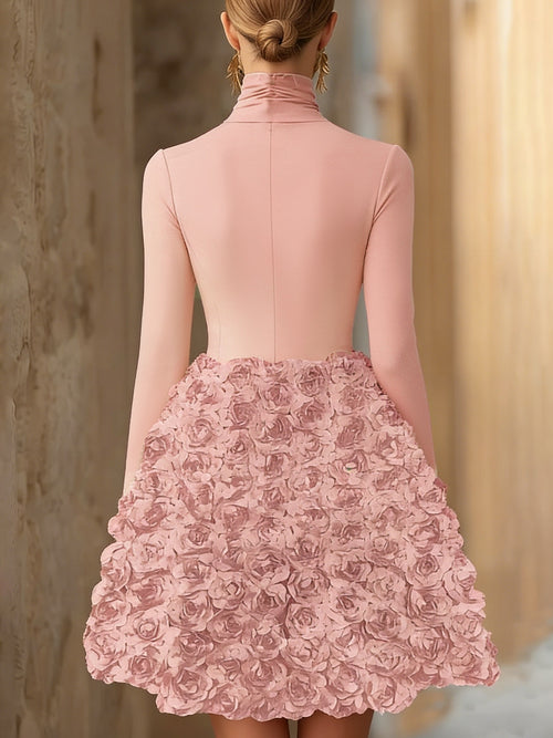 3D Rose Mini Dress for Women High Neck Retro Elegant Court Style Formal Dinner Party All Season Evening Dress