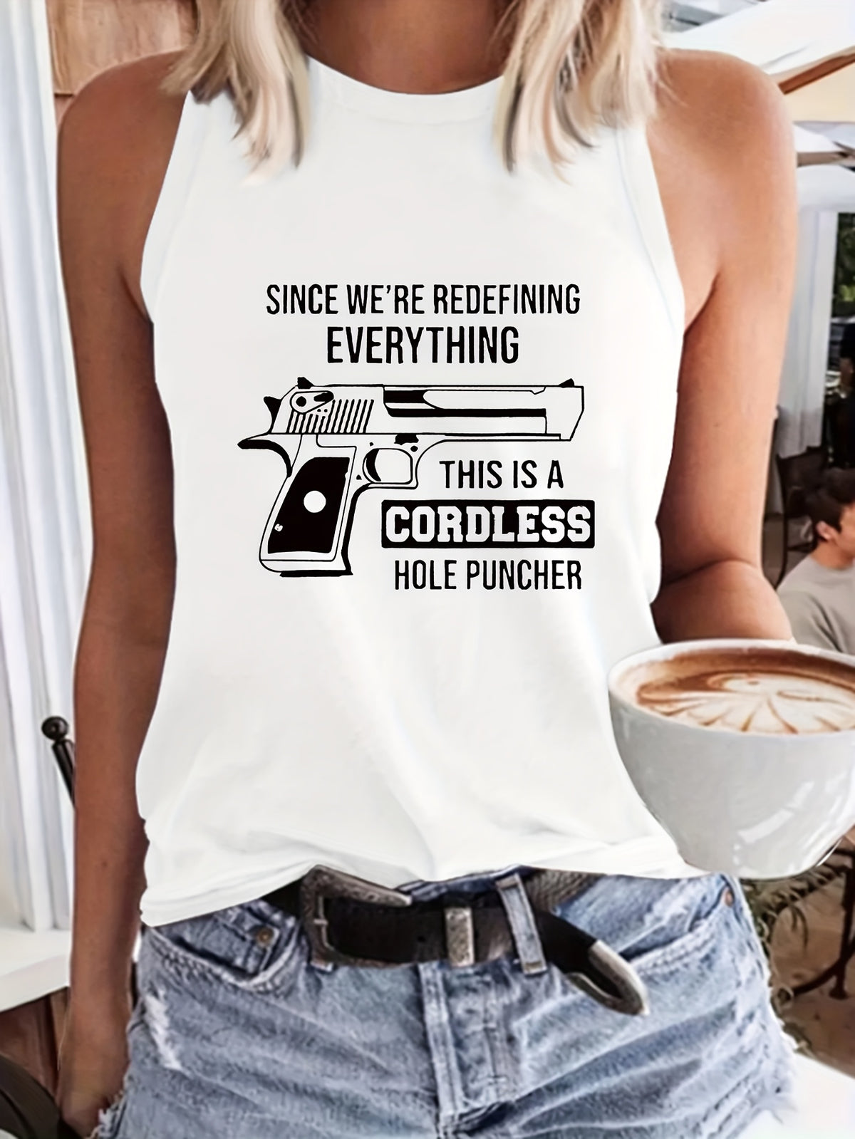 Letter Print Sleeveless Tank Top Women Crew Neck Casual Summer Blouse Medium Stretch Beachwear Layering Spring Fall Machine Wash