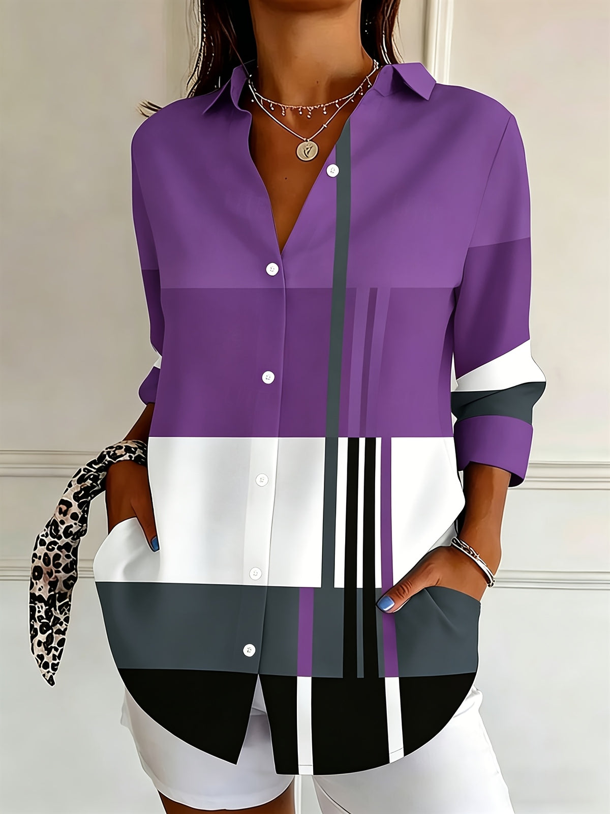 Color Block Button Blouse Long Sleeve Office Work Shirt Women Lightweight Striped Elegant Top