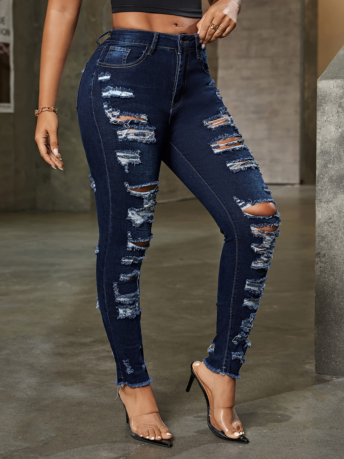 Women's High-Stretch Skinny Jeans Dark Blue Distressed Semi-Sheer Denim Mid-Rise Waist All-Season Casual Wear
